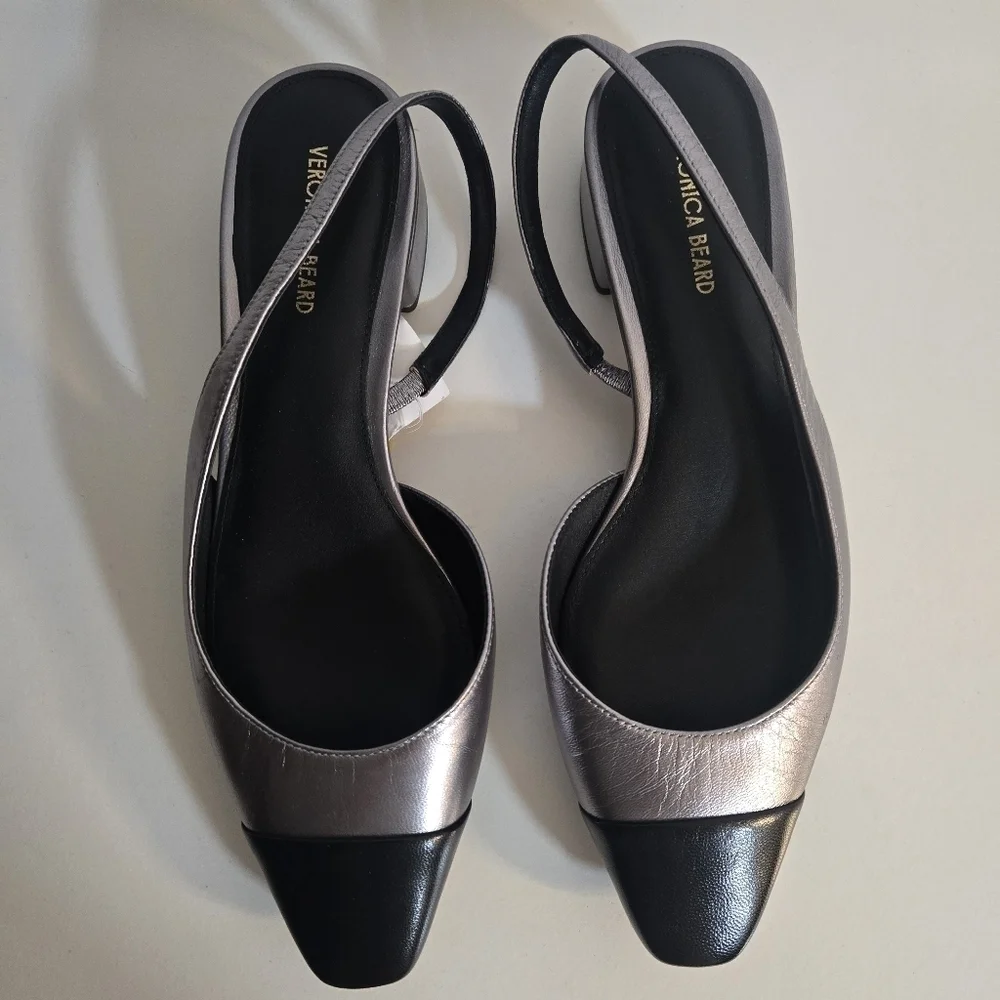 New Veronica Beard Cecile Metallic Silver/Black Leather Slingback Pump 7.5 NWOT